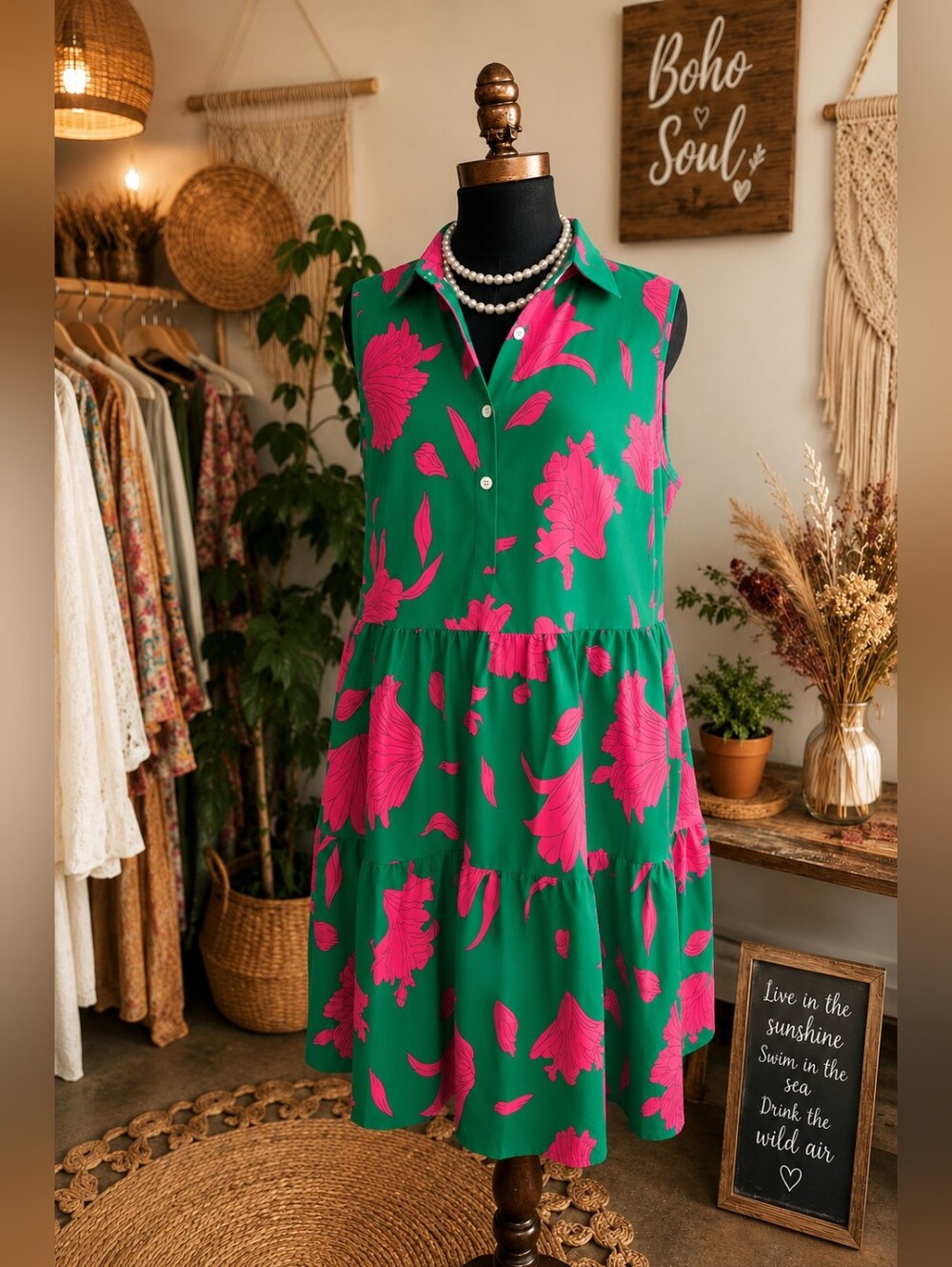 SHEIN Green Midi Dress with Bright Pink Floral Print